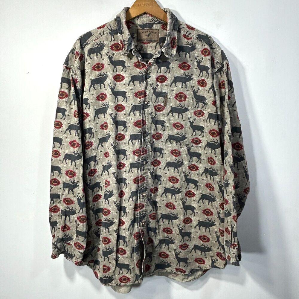 Deer Print Flannel Shirt Mens 2XLT North River Outfitters Brown 17.5" x 35"